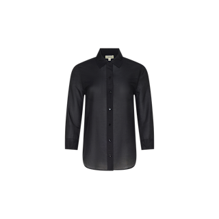 A Dani Cotton-Silk Blouse in black, made from a luxurious cotton-silk blend, showcases long sleeves, a classic collar, and button-up front detailing, presented against a plain white background.