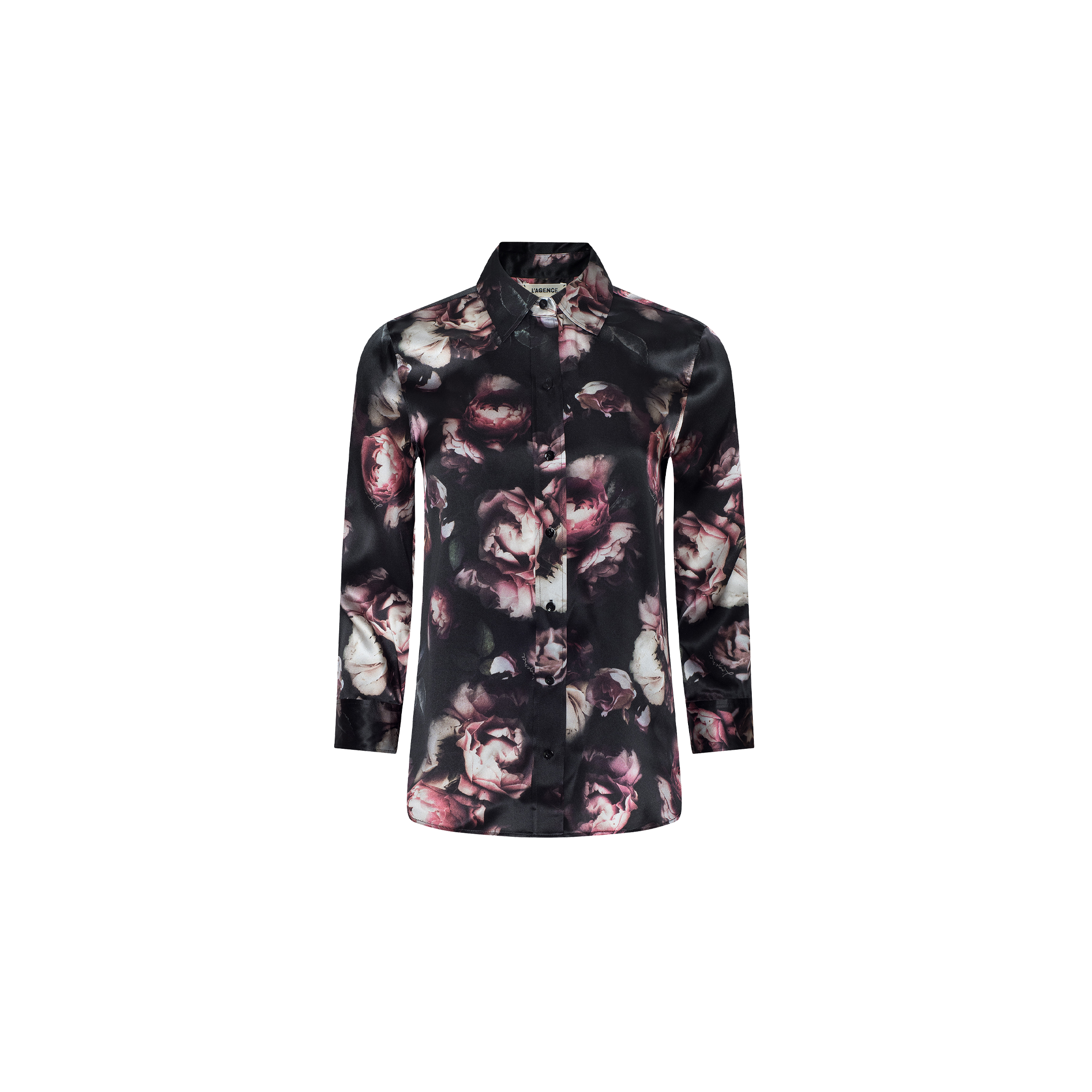 The Dani Silk Blouse is a long-sleeve, button-down shirt featuring a dark floral pattern in black, white, and pink hues, displayed against a plain light background.