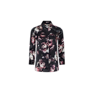 The Dani Silk Blouse is a long-sleeve, button-down shirt featuring a dark floral pattern in black, white, and pink hues, displayed against a plain light background.