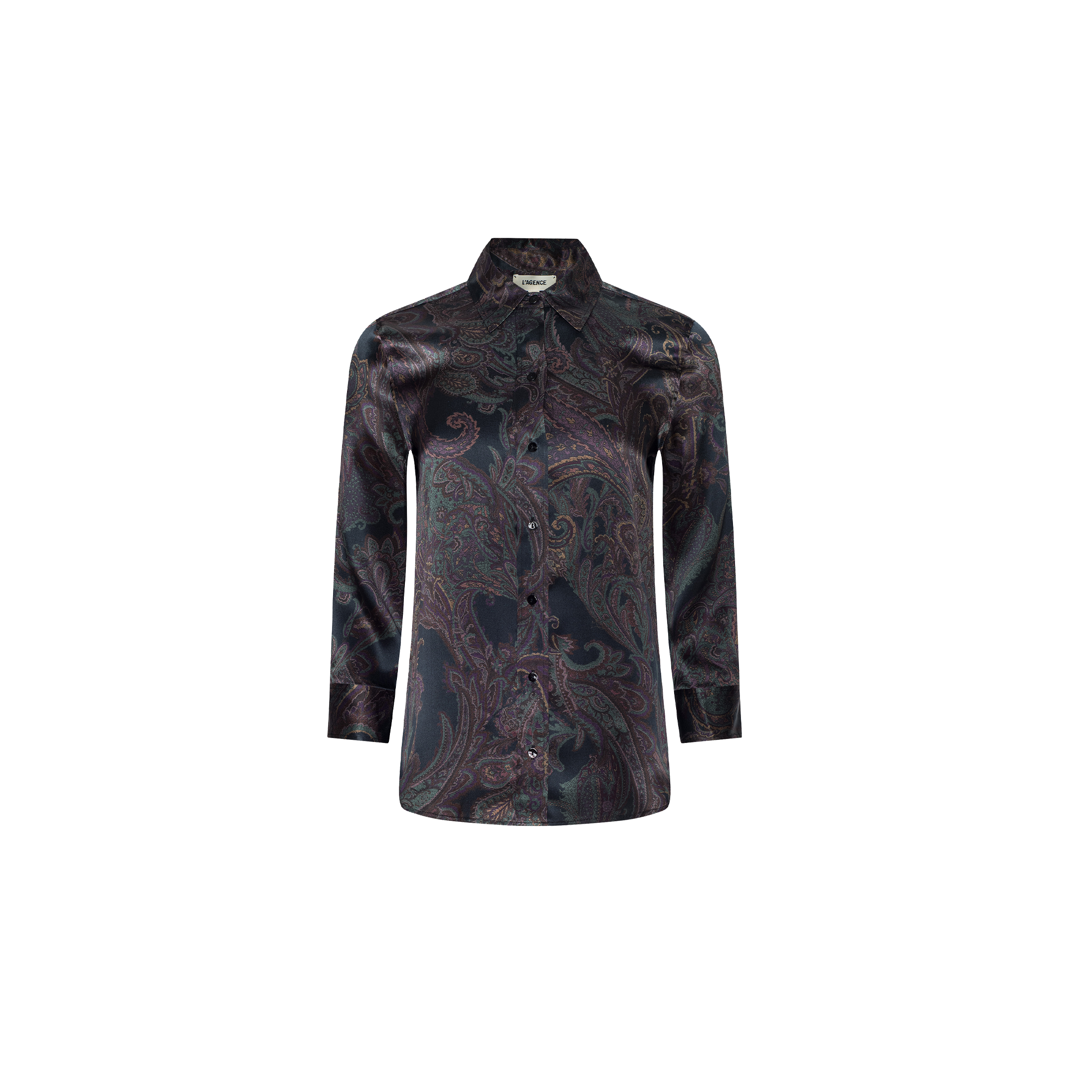 The Dani Silk Blouse is a long-sleeve button-down shirt with a dark paisley pattern in shades of black, purple, and green, made from silk and shown against a plain white background.