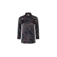 The Dani Silk Blouse is a long-sleeve button-down shirt with a dark paisley pattern in shades of black, purple, and green, made from silk and shown against a plain white background.