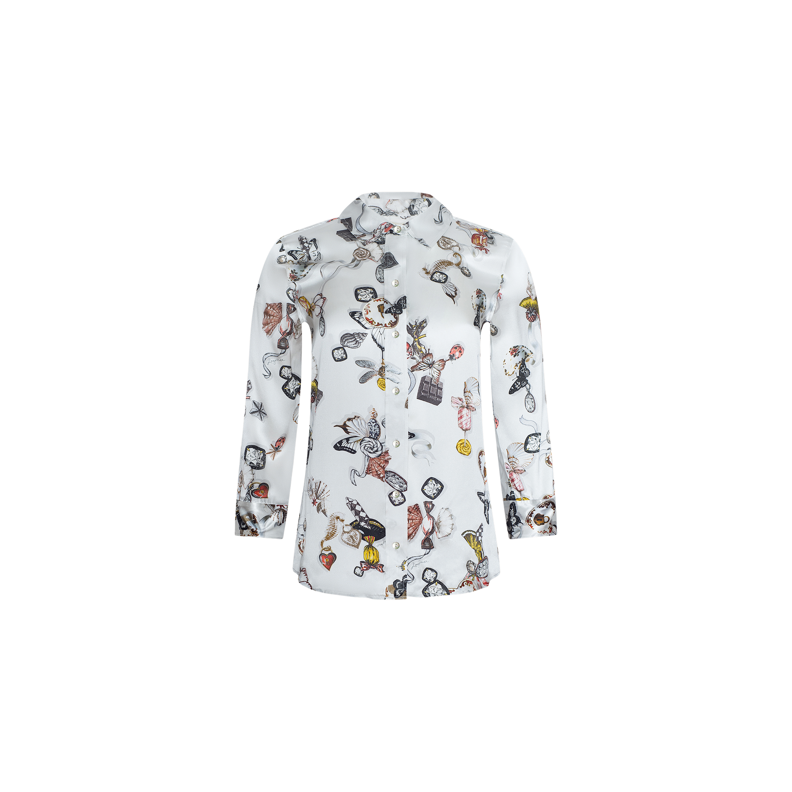 Dani Silk Blouse – a white long-sleeve button-up shirt featuring colorful cartoon and abstract prints with whimsical characters and objects, reminiscent of a playful butterfly print, displayed on a plain white background.