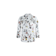 The Dani Silk Blouse is a white long-sleeve button-up shirt adorned with colorful cartoon-style illustrations, including animals, butterflies, and various objects scattered across the fabric. This butterfly print blouse is displayed on a plain white background.