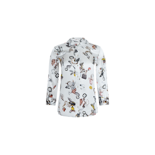 Dani Silk Blouse – a white long-sleeve button-up shirt featuring colorful cartoon and abstract prints with whimsical characters and objects, reminiscent of a playful butterfly print, displayed on a plain white background.