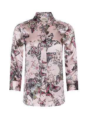 The Dani Silk Blouse is a light pink, long-sleeved button-down with a butterfly jungle print in black, white, and red. Featuring a classic collar and slightly fitted silhouette, it brings timeless elegance to any wardrobe.
