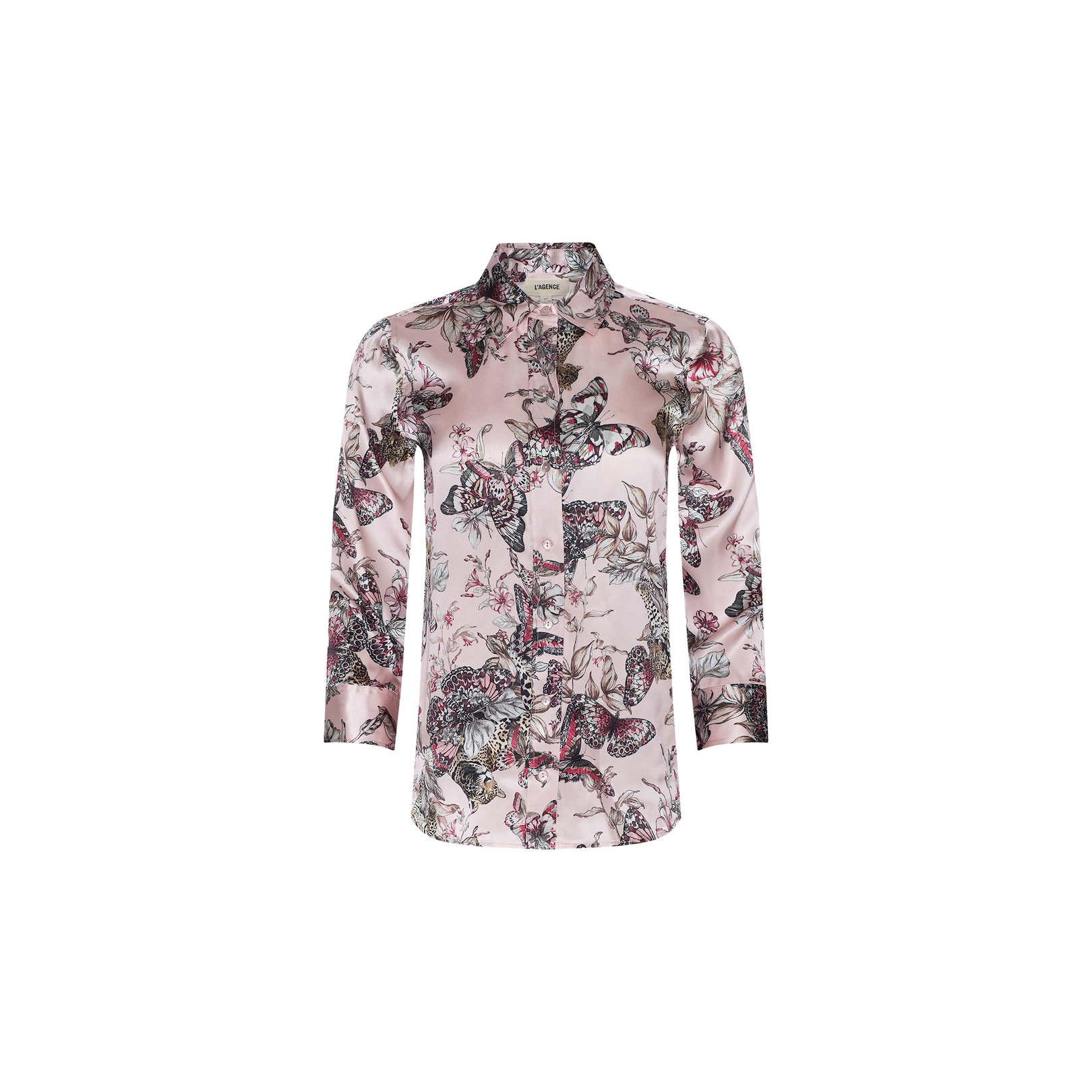The Dani Silk Blouse is a light pink, long-sleeve shirt with a collar, showcasing an all-over butterfly jungle print and floral motifs in black, white, and pink hues. This elegant silk button-down combines sophistication with whimsical charm.