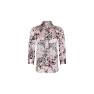 The Dani Silk Blouse is a long-sleeve, button-down shirt crafted from silk with a pink base and adorned with a detailed multicolored butterfly jungle print.