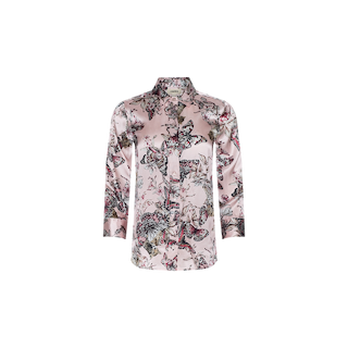 The Dani Silk Blouse is a light pink, long-sleeve shirt with a collar, showcasing an all-over butterfly jungle print and floral motifs in black, white, and pink hues. This elegant silk button-down combines sophistication with whimsical charm.