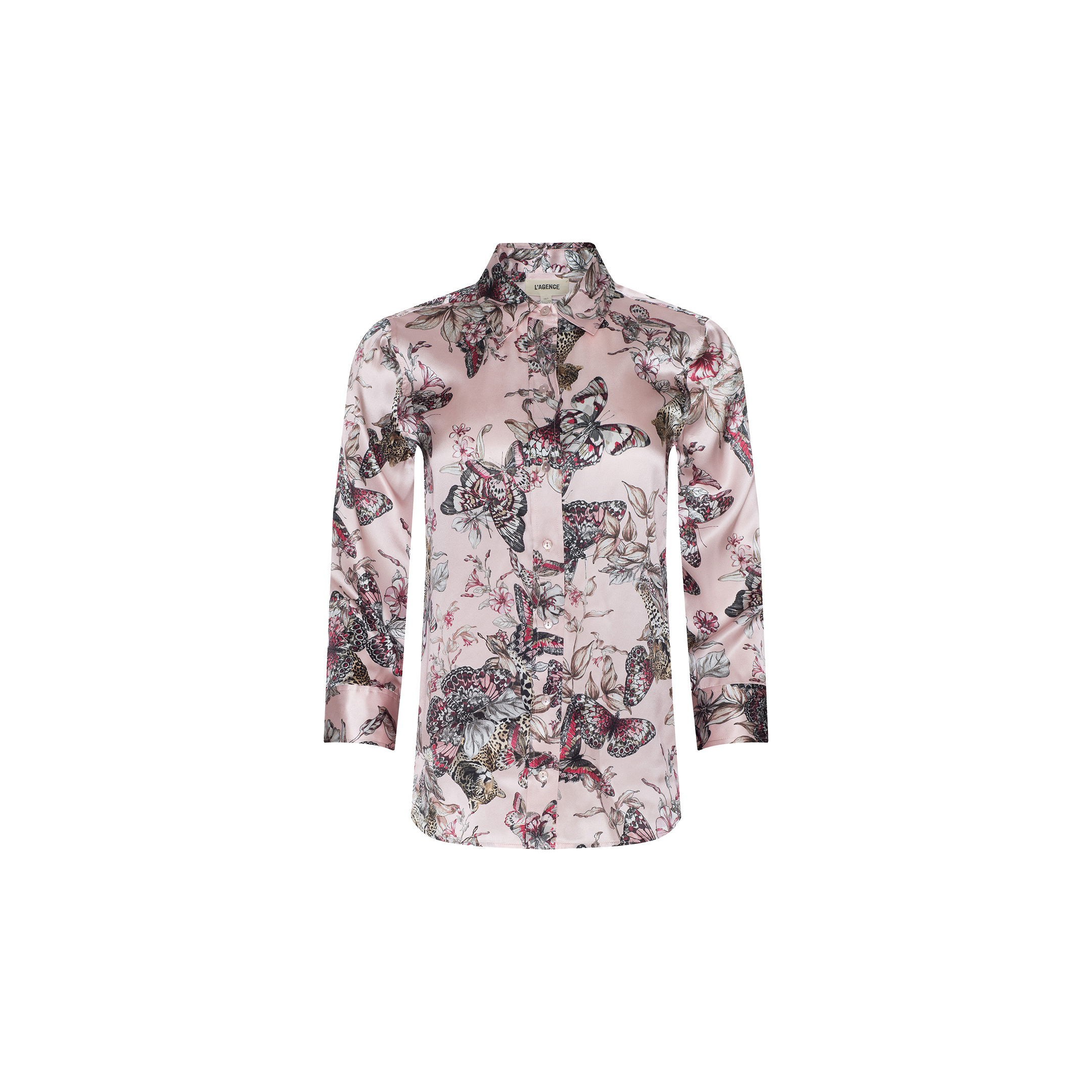 The Dani Silk Blouse is a long-sleeve, button-down shirt crafted from silk with a pink base and adorned with a detailed multicolored butterfly jungle print.