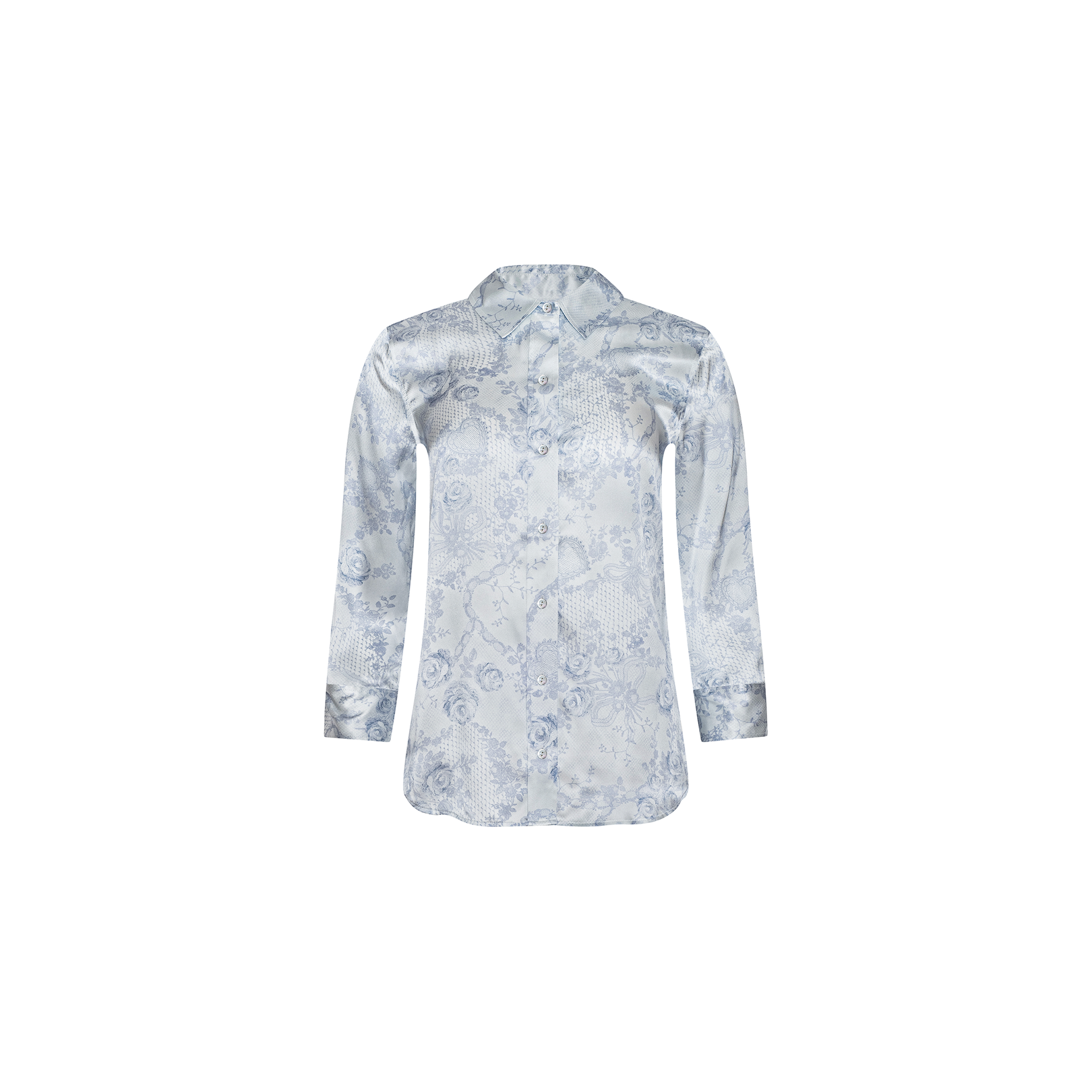 The Dani Silk Blouse is a long-sleeve, silver satin silk button-down shirt featuring a subtle floral pattern, shown against a white background.