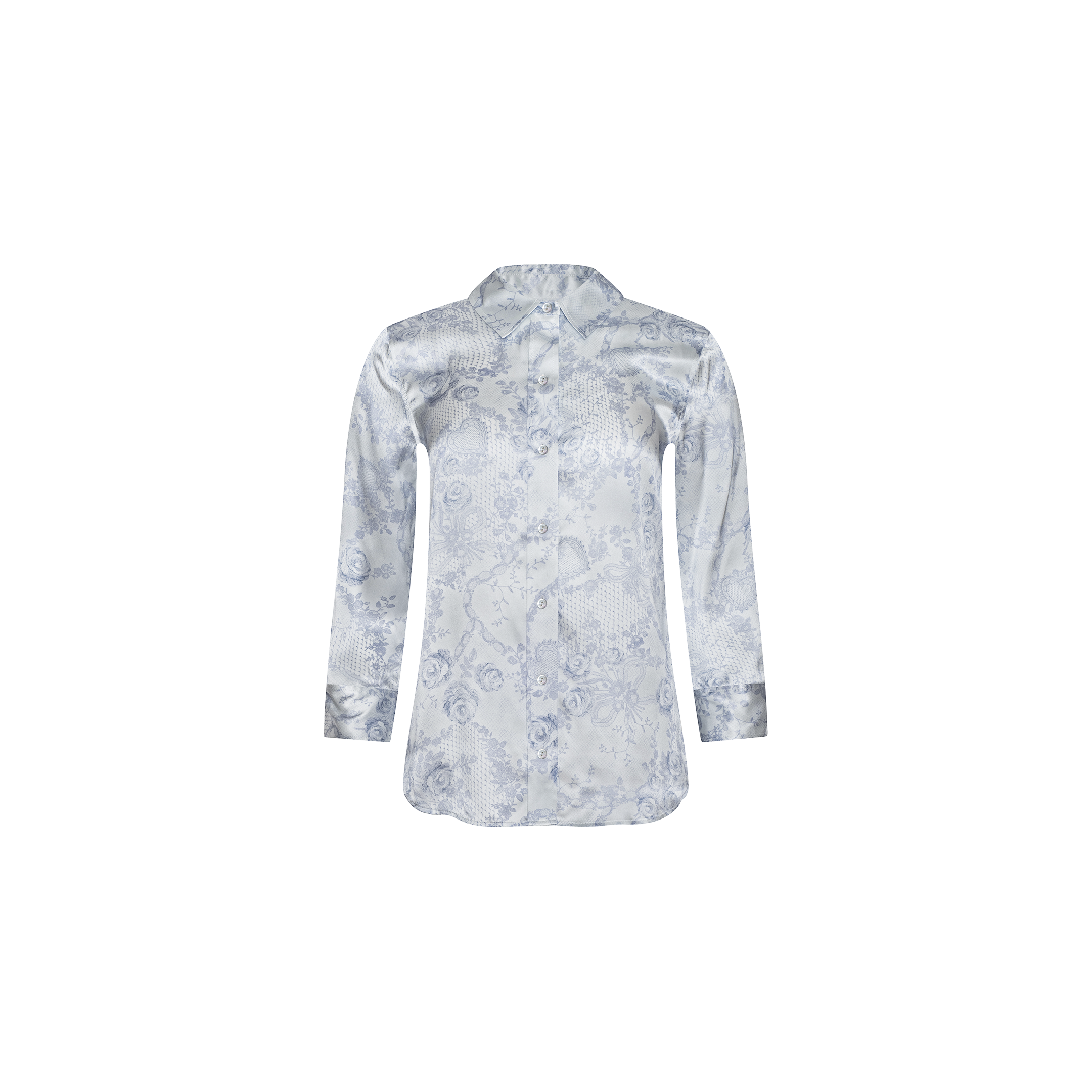 The Dani Silk Blouse is a long-sleeve, silver satin silk button-down shirt featuring a subtle floral pattern, shown against a white background.