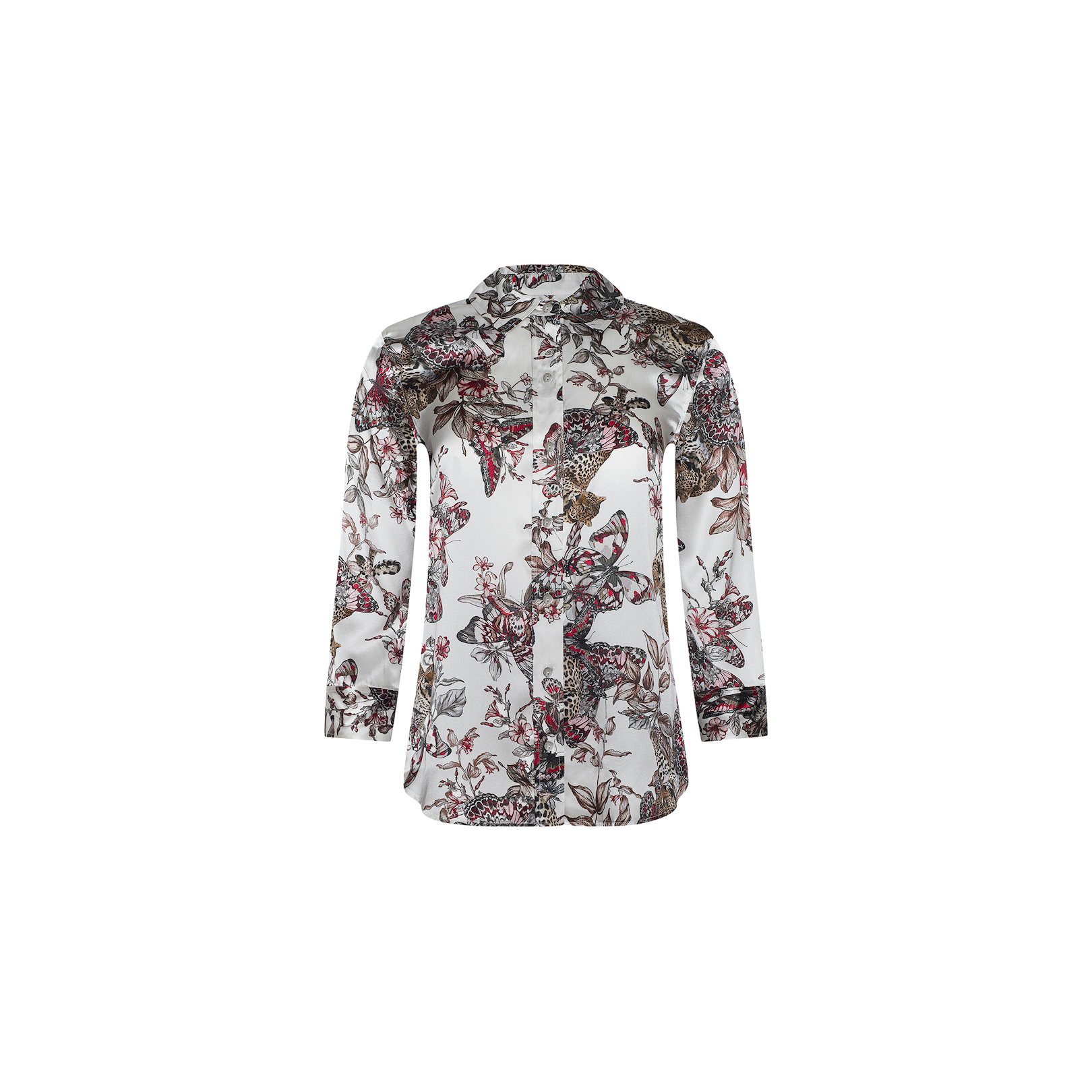 The Dani Silk Blouse features long sleeves and a white background adorned with an intricate butterfly jungle print, showcasing floral and bird motifs in shades of pink, brown, and green.