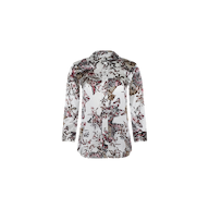 The Dani Silk Blouse is a long-sleeved, button-up shirt featuring a white base adorned with an intricate butterfly jungle print in shades of pink, brown, and gray. It has a pointed collar and offers a relaxed fit.