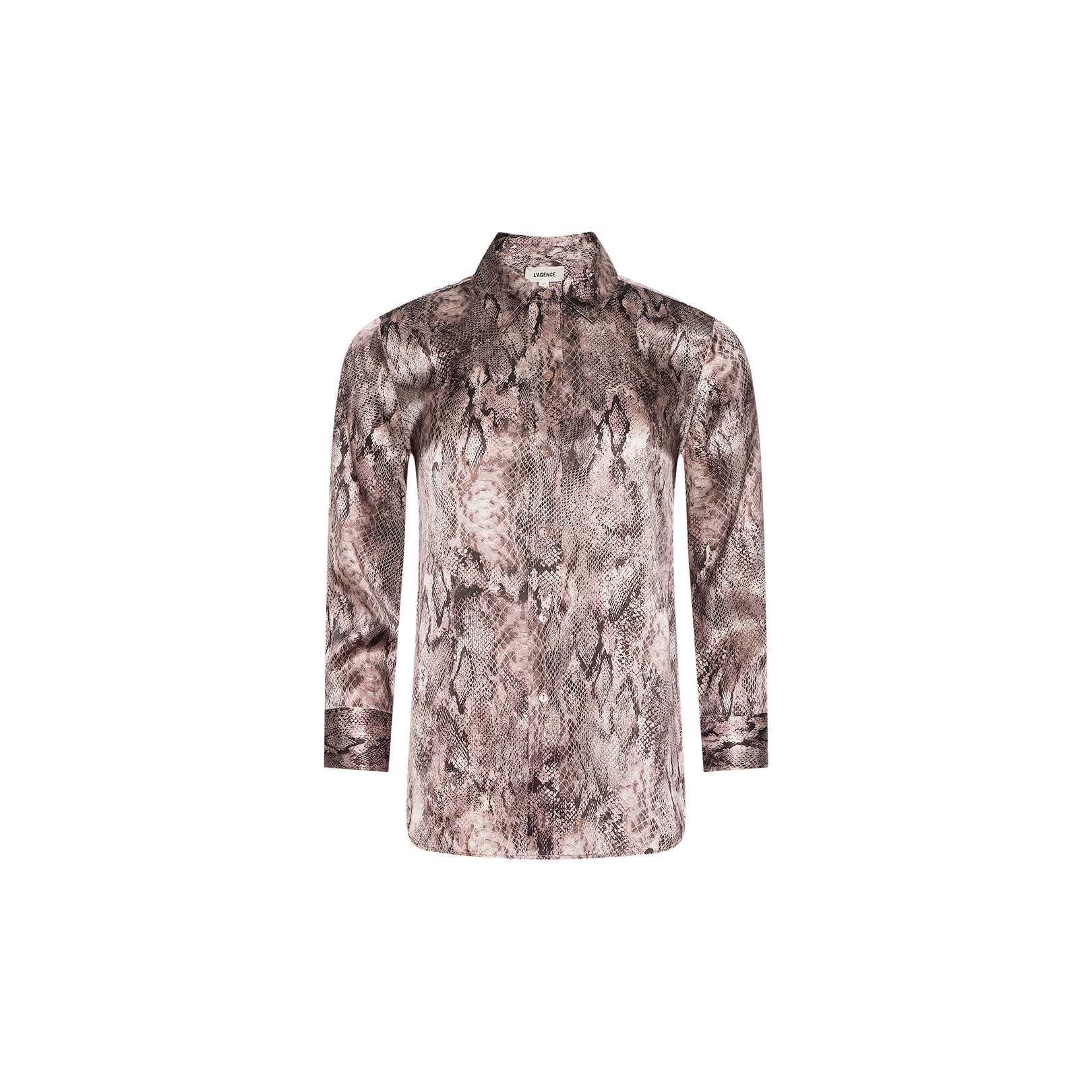 The Dani Silk Blouse is a long-sleeve, brown and beige snake print button-down shirt, meticulously crafted from luxurious silk charmeuse and presented against a plain white background.