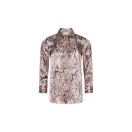 The Dani Silk Blouse is a long-sleeve button-down featuring a brown and beige snakeskin pattern, displayed against a plain white background.