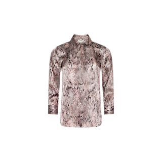 The Dani Silk Blouse is a long-sleeve, brown and beige snake print button-down shirt, meticulously crafted from luxurious silk charmeuse and presented against a plain white background.