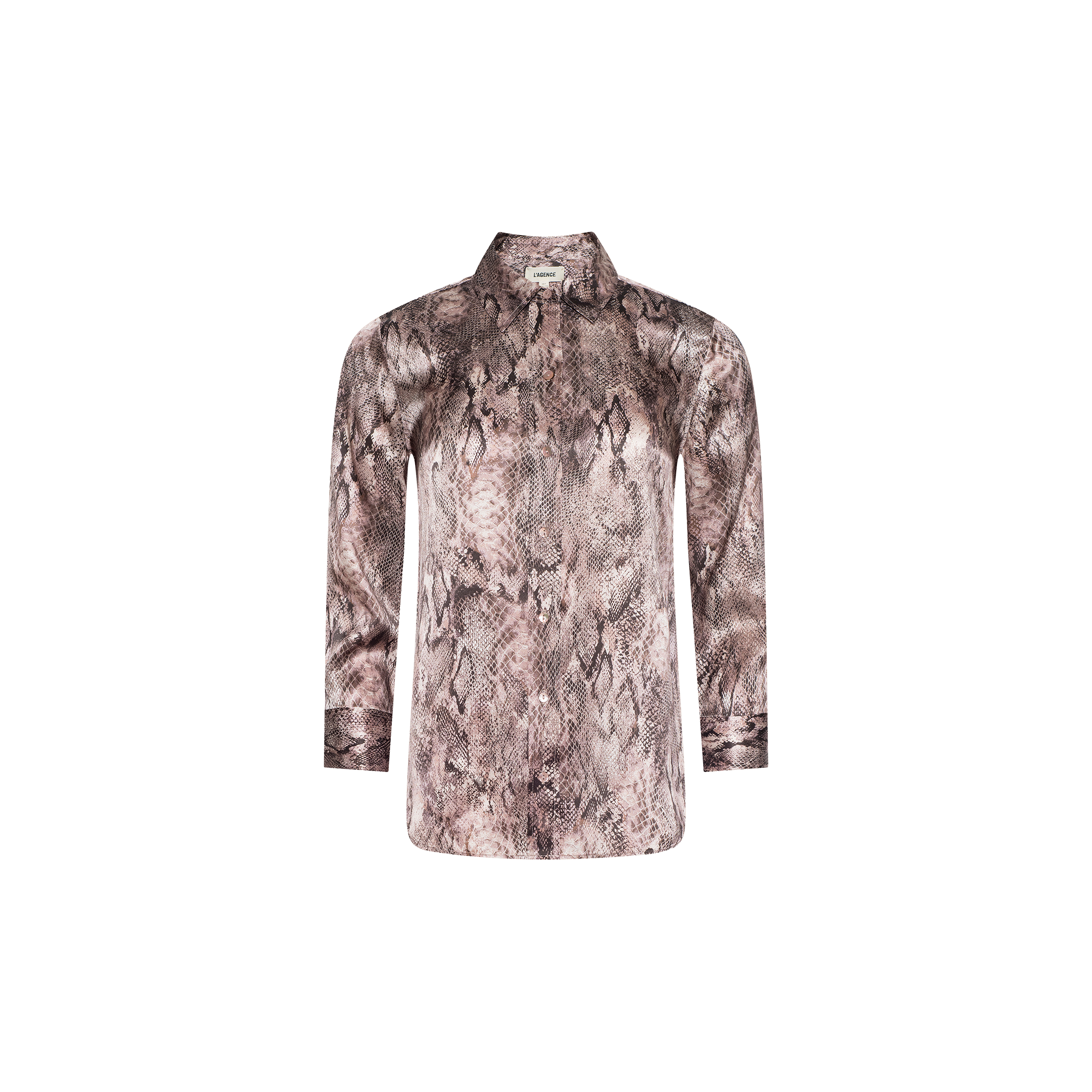 The Dani Silk Blouse is a long-sleeve button-down featuring a brown and beige snakeskin pattern, displayed against a plain white background.