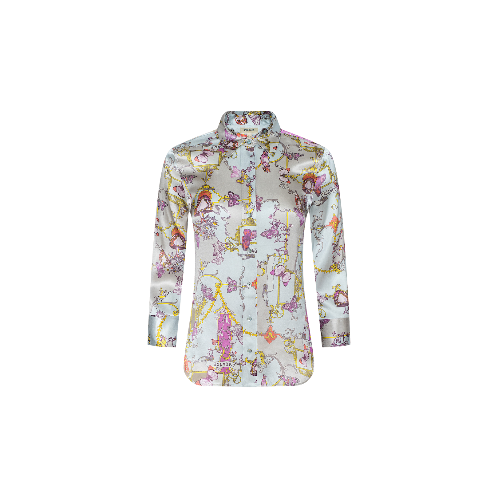 Dani Silk Blouse: A long-sleeve button-up top crafted from silk with a shiny, satin-like finish, adorned with a colorful and whimsical baroque toile print in pink, yellow, and purple designs on a light background.
