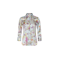 The Dani Silk Blouse features long sleeves and a vibrant abstract baroque toile print in shades of pink, yellow, and purple on a light background, shown against a plain white backdrop.
