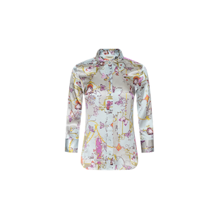 Dani Silk Blouse: A long-sleeve button-up top crafted from silk with a shiny, satin-like finish, adorned with a colorful and whimsical baroque toile print in pink, yellow, and purple designs on a light background.
