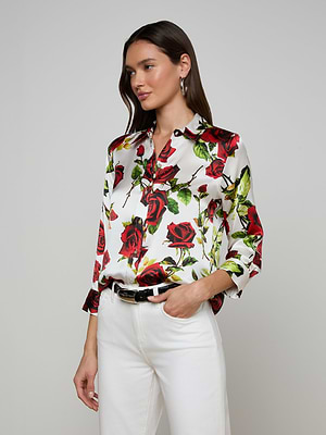 L'agence Dani Silk Blouse Top in White/Red Romantic Rose L'agence Dani Silk Blouse Top in White/Red Romantic Rose