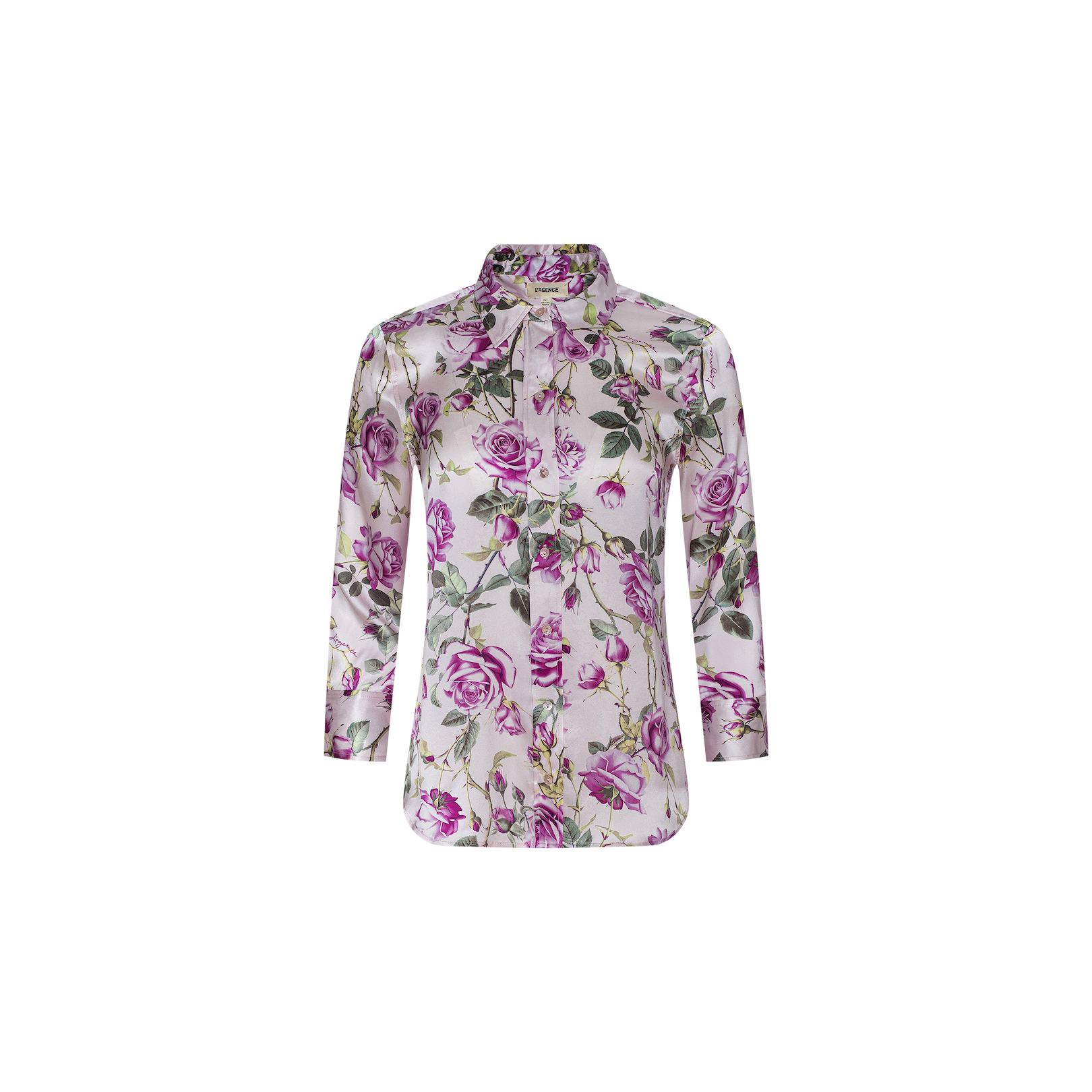 Dani Silk Blouse: A long-sleeved, button-up blouse with a collar, crafted from sheer silk and adorned with a purple and green rose print on a white background.