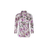 The Dani Silk Blouse is a long-sleeve, collared top featuring a purple and green rose print on a white background.