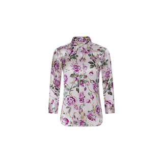 Dani Silk Blouse: A long-sleeved, button-up blouse with a collar, crafted from sheer silk and adorned with a purple and green rose print on a white background.
