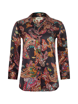 The Dani Silk Blouse by L’AGENCE is a women’s slim fit top with long sleeves, classic collar, and relaxed silhouette. Its colorful paisley print on black adds elegance and comfort to this standout piece.