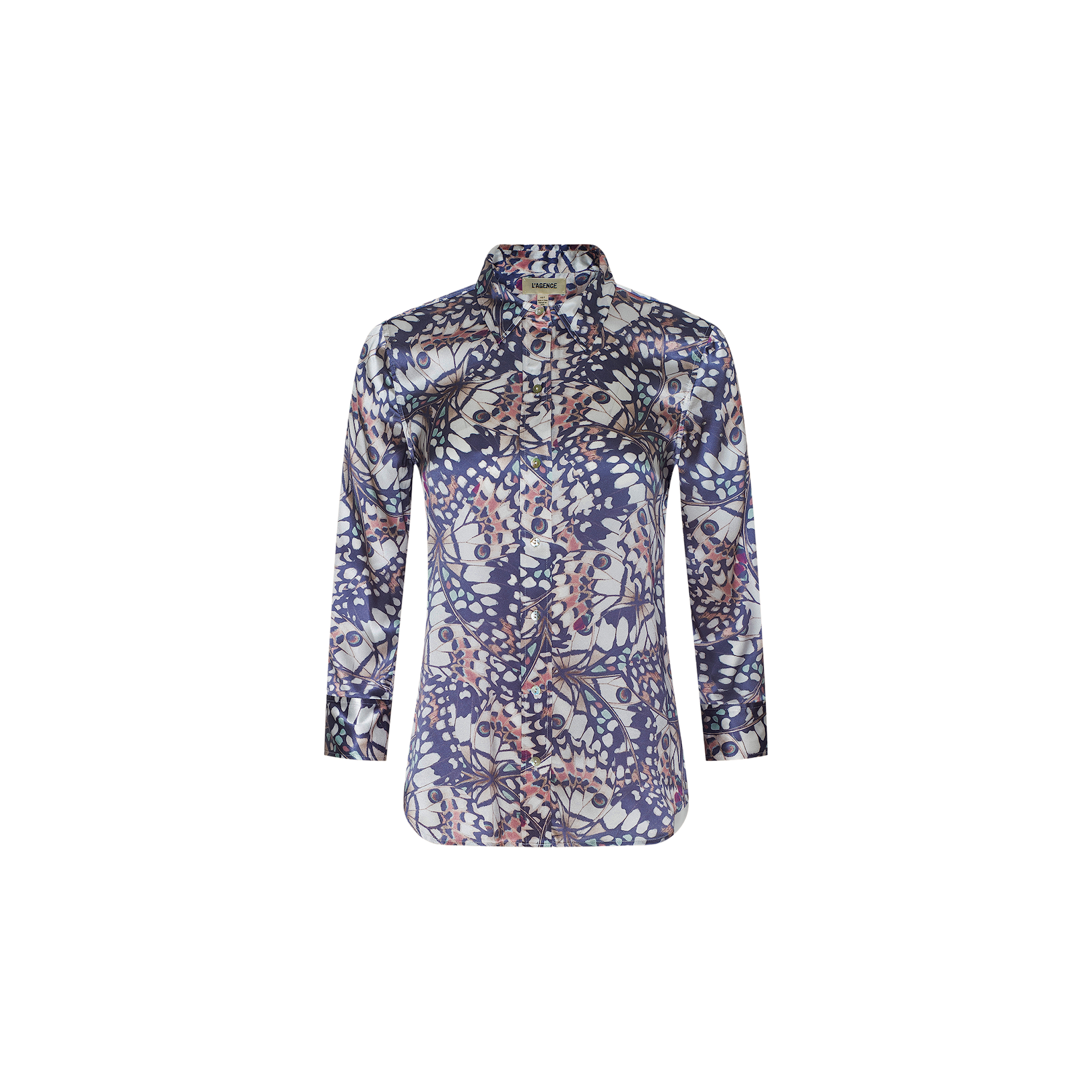 The Dani Silk Blouse is a long-sleeved, button-down top crafted from silk and adorned with an abstract floral pattern in blue, white, and pink hues that evokes the look of delicate butterfly wings. It is shown against a plain white background.