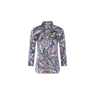 The Dani Silk Blouse is a long-sleeve button-down shirt made from silk, featuring a blue, white, and red floral and leaf pattern on a plain white background.