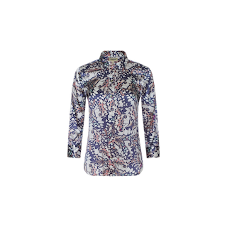 The Dani Silk Blouse is a long-sleeved, button-down top crafted from silk and adorned with an abstract floral pattern in blue, white, and pink hues that evokes the look of delicate butterfly wings. It is shown against a plain white background.