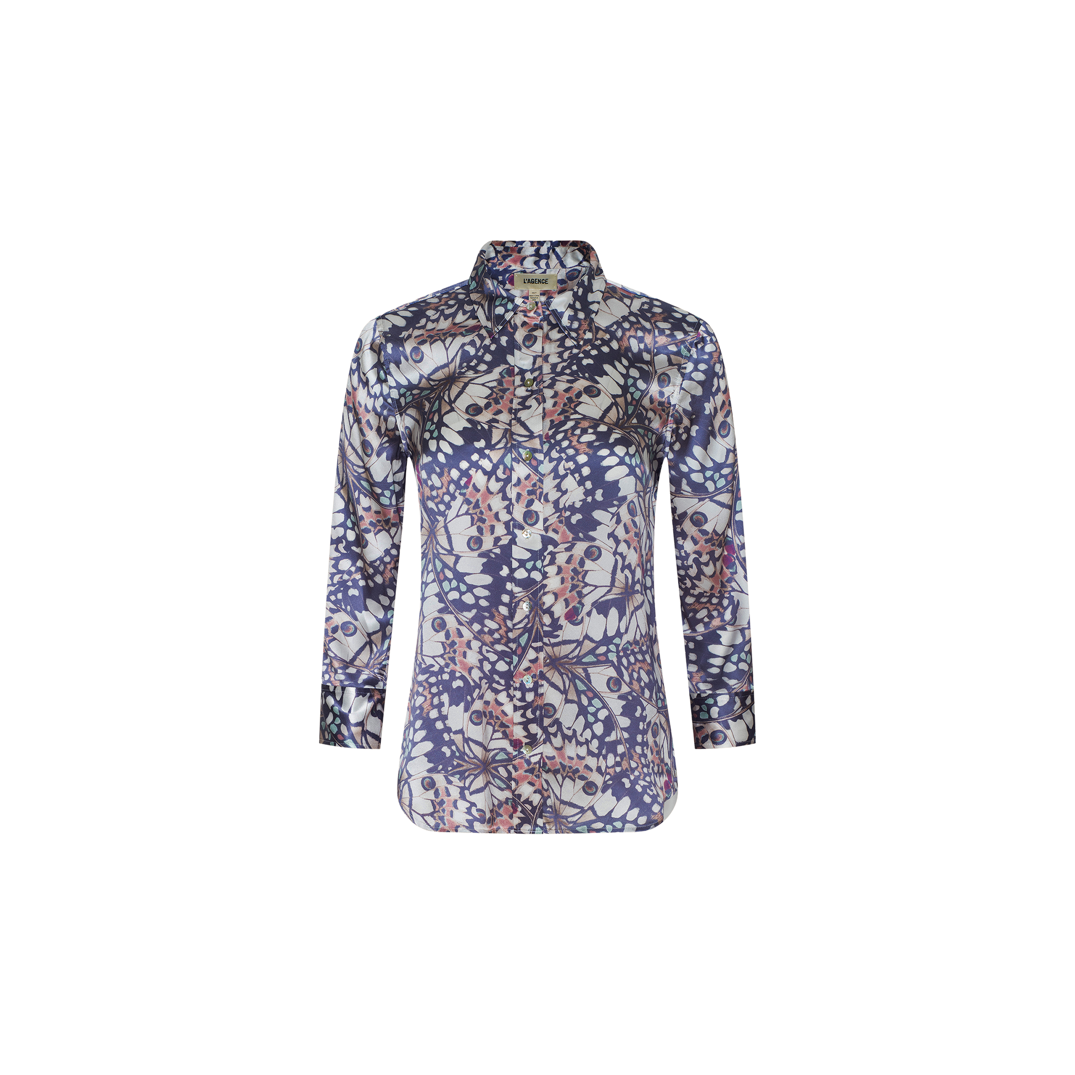 The Dani Silk Blouse is a long-sleeve button-down shirt made from silk, featuring a blue, white, and red floral and leaf pattern on a plain white background.