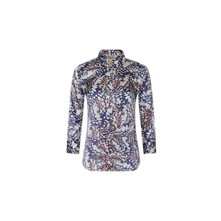 The Dani Silk Blouse is a long-sleeve button-down top crafted from silk, featuring a multicolored abstract floral pattern inspired by butterfly wings in shades of blue, purple, and pink, shown against a plain white background.
