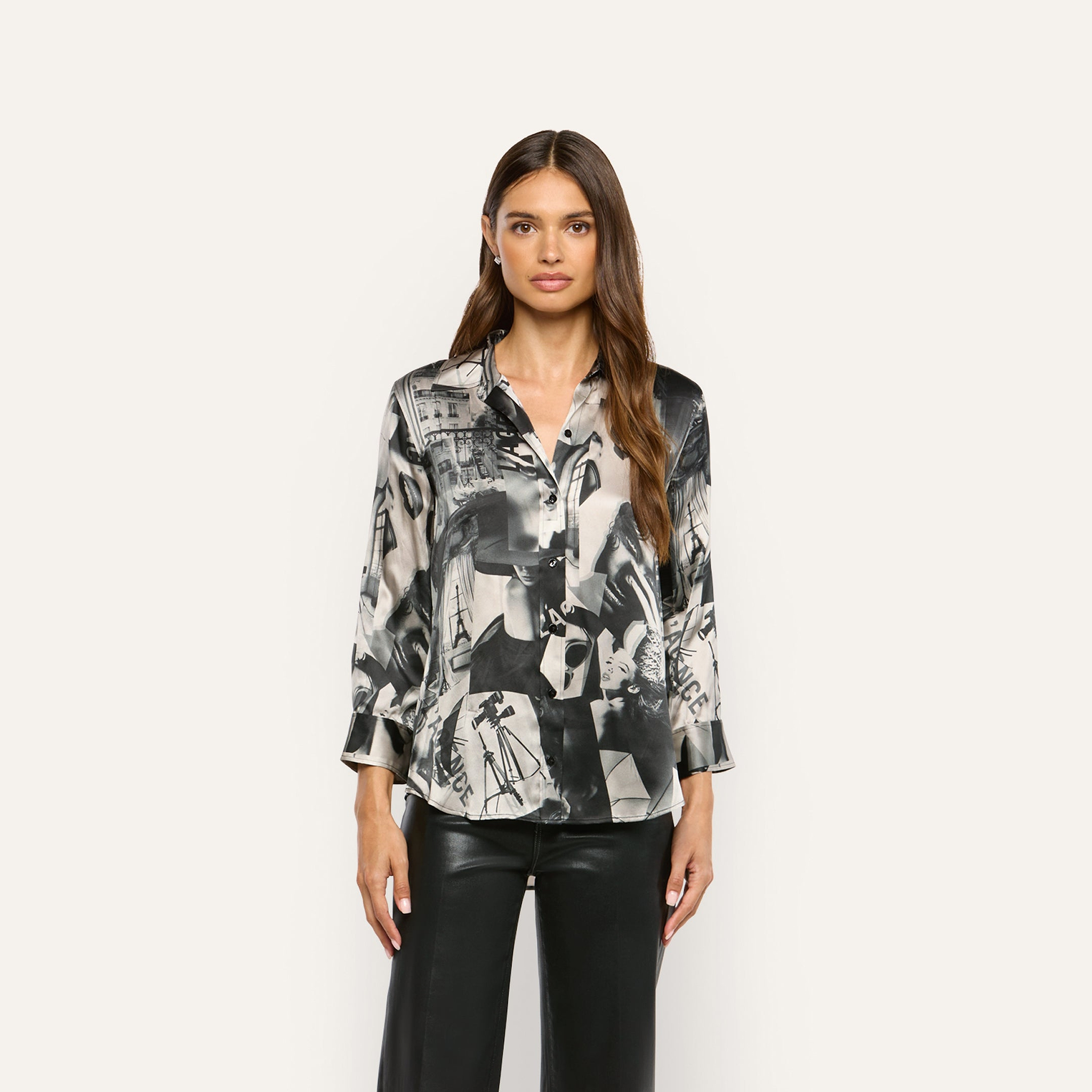 Dani Silk Blouse, a long-sleeved silk charmeuse button-down with a black and white photographic collage print.