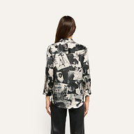 Back view of the Dani Silk Blouse in silk charmeuse, featuring a black-and-white photo collage print.