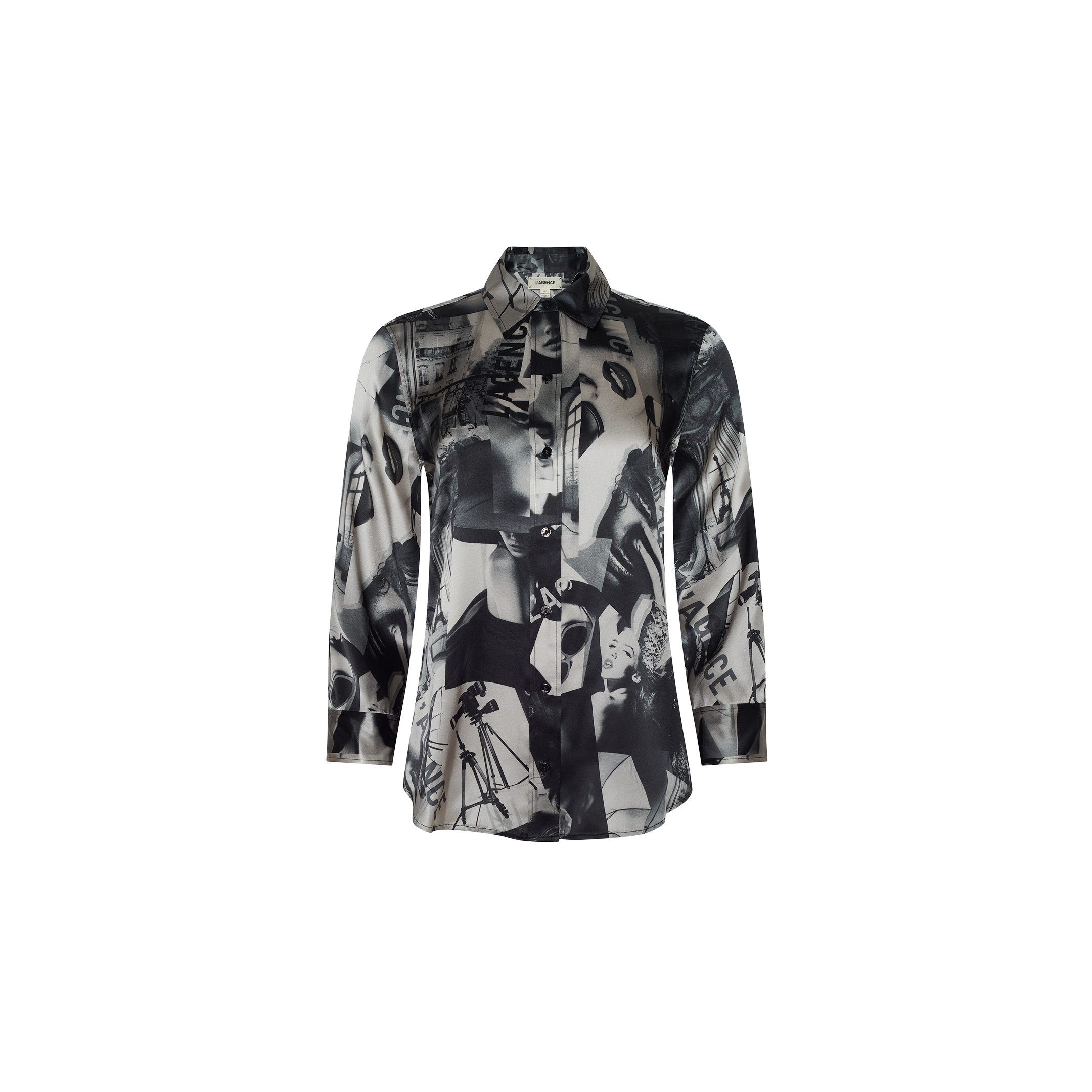 Dani Silk Blouse in a long-sleeve button-down silk charmeuse style, featuring a black and white collage print of faces and text.