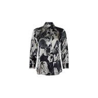 Dani Silk Blouse in a long-sleeve button-down silk charmeuse style, featuring a black and white collage print of faces and text.