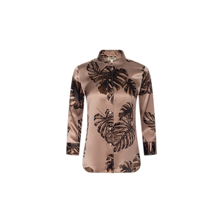 A long-sleeve Dani Silk Blouse featuring a button-up design with a brown base and dark brown palm leaf print, displayed on a plain white background.