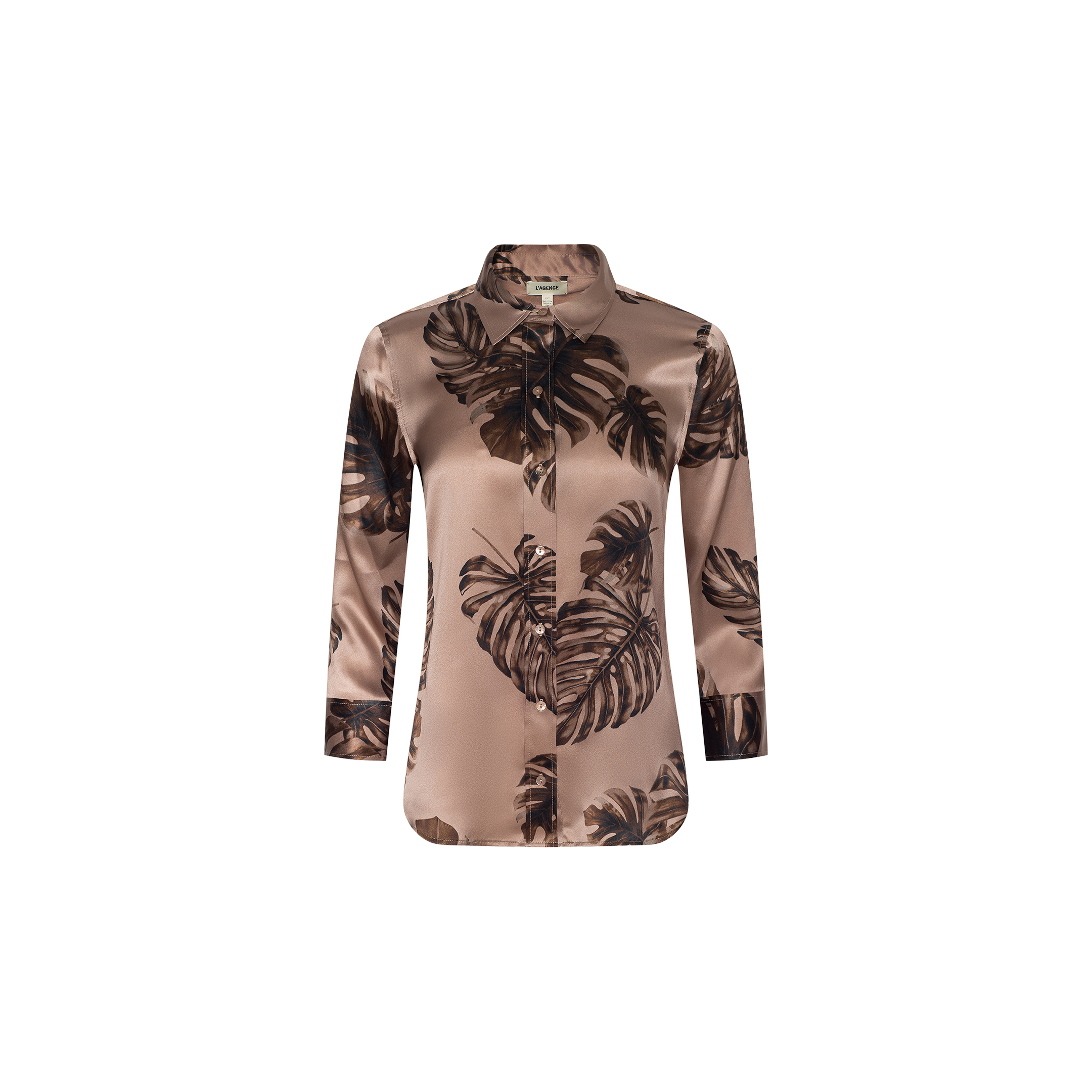 The Dani Silk Blouse is a brown satin long-sleeve top showcasing a palm leaf print, button-down front, and classic collar, displayed against a plain white background.