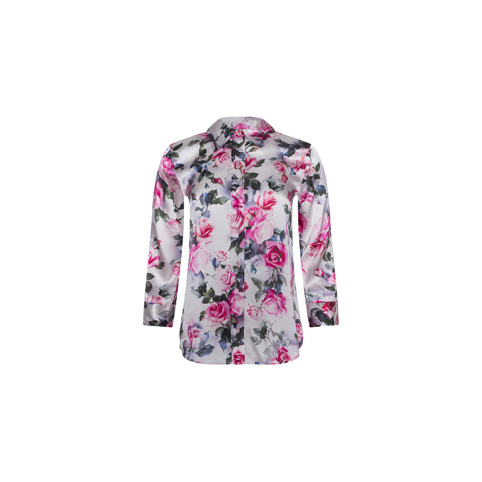 The Dani Silk Blouse is a sheer, long-sleeved top with a pink and gray floral pattern, featuring a collar and a silk button-down front, displayed on a plain white background.