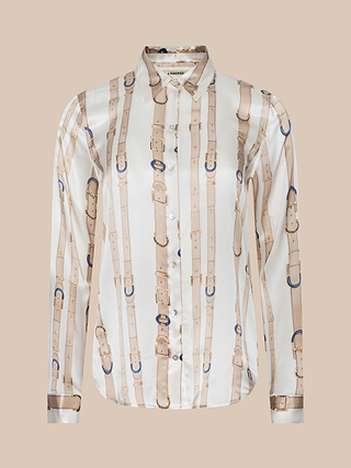 The Tyler Silk Blouse by L’AGENCE is a long-sleeve button-down shirt crafted from silk, featuring a beige background with vertical tan belt patterns accented by blue buckles.
