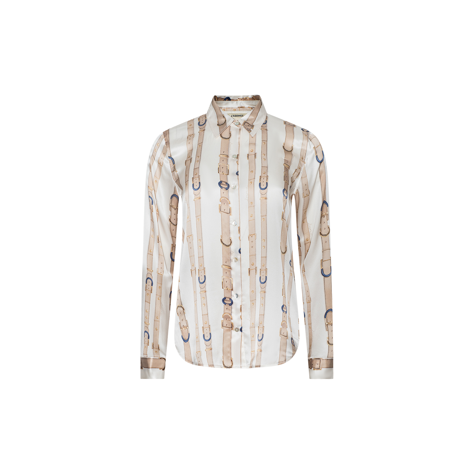 The Tyler Silk Blouse by L’AGENCE is a long-sleeved, button-up shirt in a beige and cream striped pattern with printed belt and buckle designs, effortlessly blending sophistication with contemporary style.