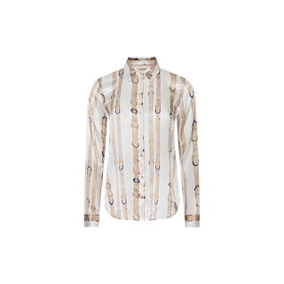 The Tyler Silk Blouse by L’AGENCE is a long-sleeved, button-up shirt in a beige and cream striped pattern with printed belt and buckle designs, effortlessly blending sophistication with contemporary style.