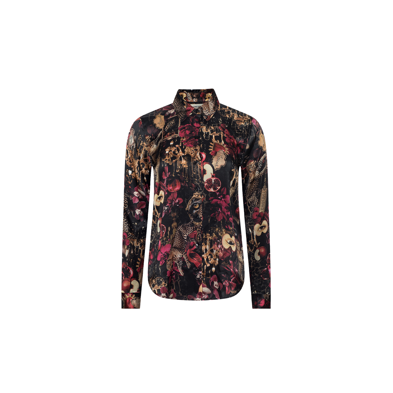 The Tyler Silk Blouse from L’AGENCE is a long-sleeve shirt crafted from silk, showcasing a dark floral and animal print in black, red, gold, and beige shades, displayed on a plain white background.