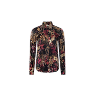 The Tyler Silk Blouse from L’AGENCE is a long-sleeve shirt crafted from silk, showcasing a dark floral and animal print in black, red, gold, and beige shades, displayed on a plain white background.