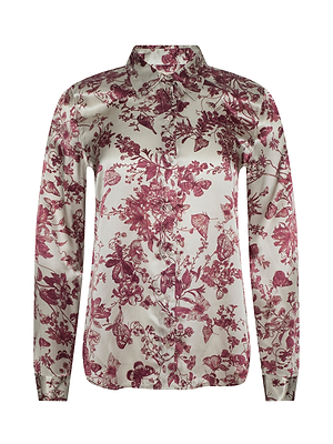 The Tyler Silk Blouse is a long-sleeved, button-down top with a pointed collar, crafted from shiny white silk and detailed with an intricate maroon floral butterfly print inspired by L'AGENCE style.