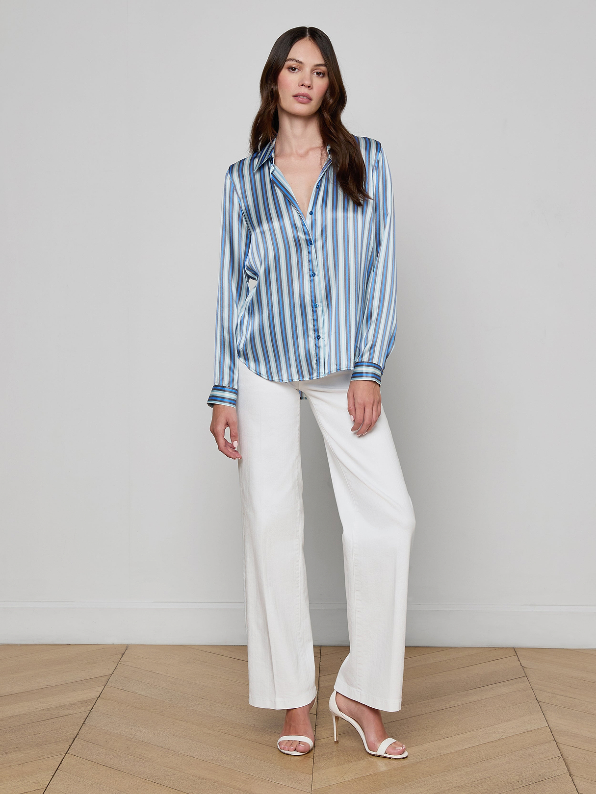Gypsohila Band collar Blouse SkyBlue ジプソ Silk Georgette Crepe Band Collar Shirt | EILEEN FISHER