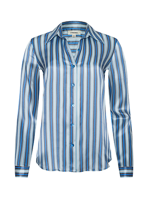 The Tyler Silk Blouse by L'AGENCE is a long-sleeve, collared button-down featuring vertical blue, white, and brown stripes, shown on a white background.
