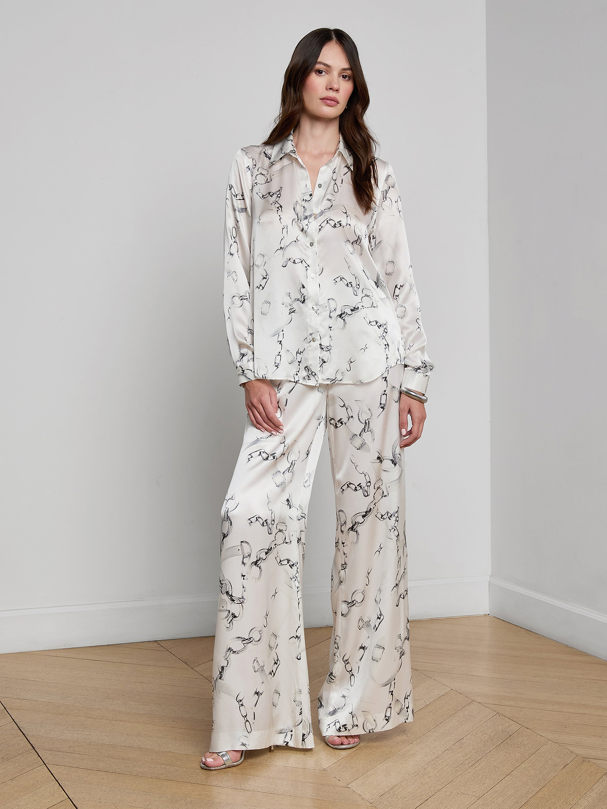 Tyler Silk Blouse in Ivory/Grey Small Faded Chain | L'AGENCE